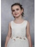 Ivory Satin Tulle Eyelash Lace Trim Flower Girl Dress With Decorated Buttons